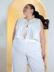 Pretty and Ole Plus Size Women's Boho Beach Music Festival Tropical Vacation Outfit, Casual Sleeveless Ruffle Tie Blouse And Straight Pocket Pants Set, Suitable For Spring/Summer Daily Wear - White - View 6