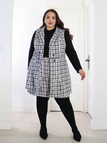 Pretty and Ole Bộ 2 món cho nữ cỡ lớn: Áo vest kẻ caro + Chân váy chữ A, thanh lịch khi đi làm và đi làm hàng ngày - Đen và trắng - Xem 5