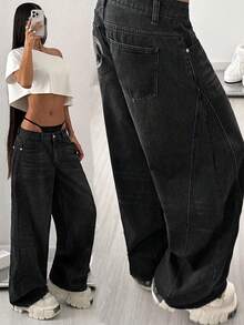SHEIN PETITE Women's Pentagram Pocket Wide Leg Loose Fit Jeans Pants - Black - View 8