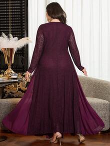 Modelyn Plus Size Women Plus Size Hem Slit Comfortable Soft Lined Lace Hollow Round Neck Long Sleeve Dress - Burgundy - View 2