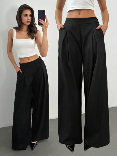 SHEIN Tall Women's Solid Color Straight Leg Pleated Pocket Loose Casual Pants Black Palazzo Pants Wide Leg Pants Loose Pants Black Dress Pants,Fall