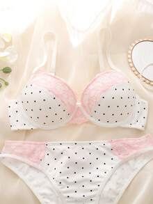 DelicateAllure 2pcs Pink Lace Patchwork Polka Dot Bra Set, High Support Underwire Lift & Gather, Cute & Charming Women's Lingerie Set - Black and White - View 6