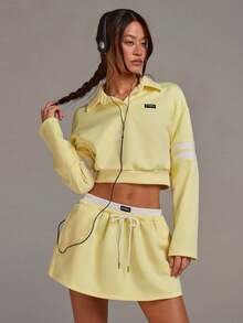 Athîral Áo sweatshirt nữ tay dài cổ bẻ dáng ngắn màu vàng, kiểu dáng thường ngày. - Vàng nhạt - Xem 4