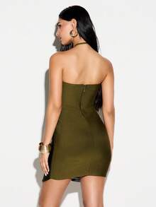 KIZN Metallic Halter Neck Mini Dress With Cross Front Detail And Bodycon Silhouette For Party Evening Occasions - Army Green - View 2