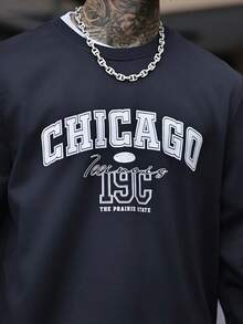 Devon Thys 男士复古美式圆领卫衣，芝加哥字母印花，休闲街头风，秋冬款，长袖上衣 - 黑色 - 查看 4