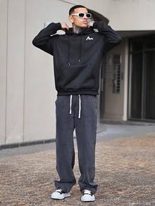 Devon Thys 男士套头连帽衫，带抽绳，宽松版型，文字印花设计，适合秋冬季节，长袖上衣 - 黑色 - 查看 6