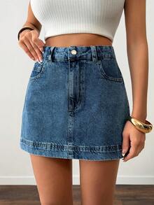 SHEIN Woman High Waist Denim Mini Casual Washed Blue Skirt Button Front - Medium Wash - View 5