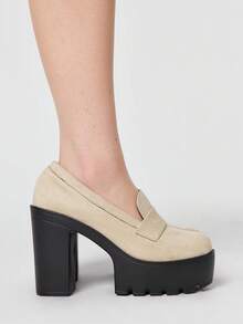 ROMWE Kawaii Zapatos de tacón alto con plataforma gruesa de agua, de ante beige, estilo diario de campus japonés - Gamuza beige - Ver 3