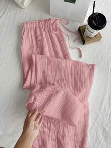 Comfortcana 夏季纯色褶皱纹理面料宽松抽绳腰带休闲度假阔腿裤，大码 - 淺粉色 - 查看 6