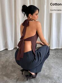 Siren Gaze Áo tank top màu nâu buộc dây hở lưng, áo tank top không tay cổ xếp ly cho nữ, áo cotton, áo kiểu mùa hè thoải mái, áo cổ yếm, áo kiểu thẩm mỹ, áo màu đất, áo cotton, áo dự tiệc, áo đi nghỉ mát, áo màu nâu sô cô la, áo màu nâu cà phê, áo màu nâu cho nữ, áo màu nâu đậm - màu nâu - Xem 2