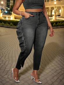 Slaydiva Jeans pitillo de talla grande para mujer con volantes en el bajo - Gris Oscuro - Ver 3