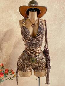 Soleia Women's Animal Print Plunging Neck Backless Jumpsuit - Multicolor - View 1