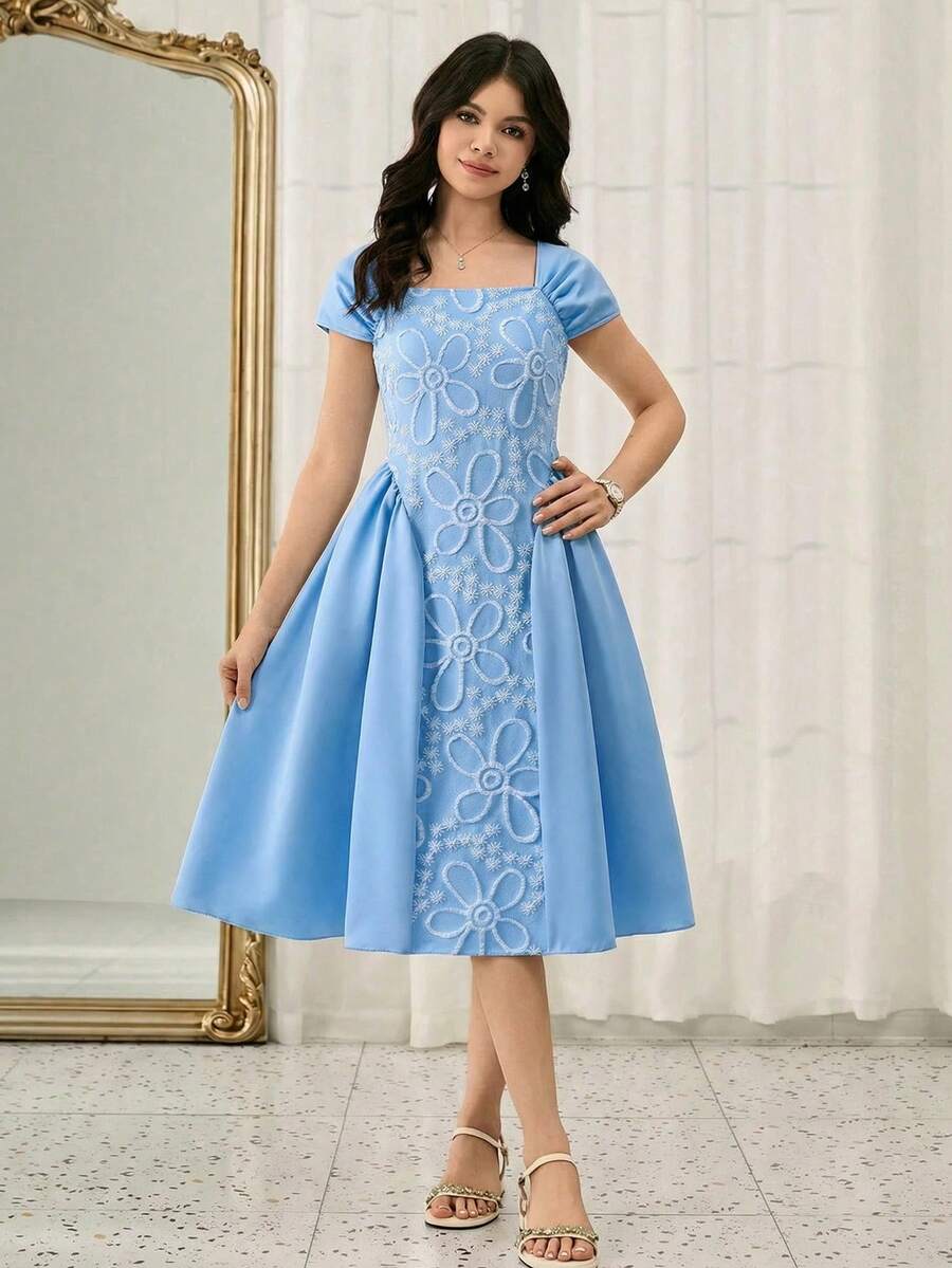 SHEIN 少女方领短袖蕾丝纹理收腰连衣裙，优雅大方，适合婚礼、派对、聚会等场合。 - 藍色 - 查看 1
