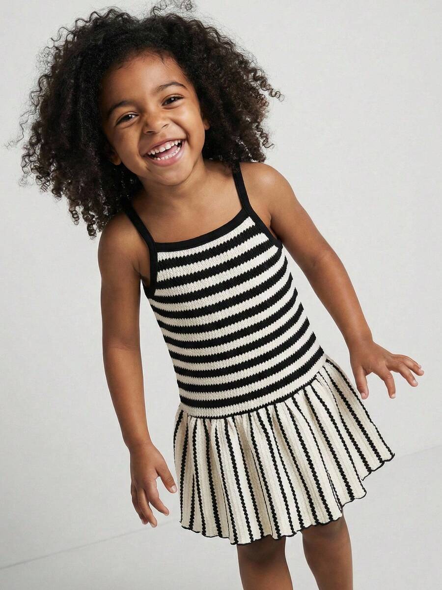 Maija Kids Maija Kids 一件装，女童休闲优雅条纹宽松吊带连衣裙，适合日常穿着、返校、外出、聚会、节日、春夏穿着。 - 黑與白 - 查看 1