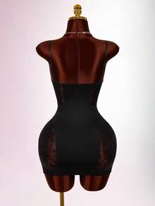 Amplova Valentine's Day Black Asymmetrical Cut-Out Sheer Lace Sexy Plunging Neck Mini Dress For Women - Black - View 2