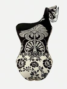 Swim Oasis Traje de baño de una pieza con volantes, estampado tropical, atar al frente para mujer, ideal para vacaciones de verano en la playa - Blanco y Negro - Ver 10