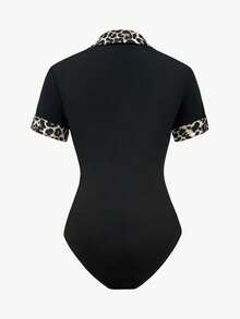 EMERY ROSE 女士豹纹翻领短袖连体衣 - 黑色 - 查看 2