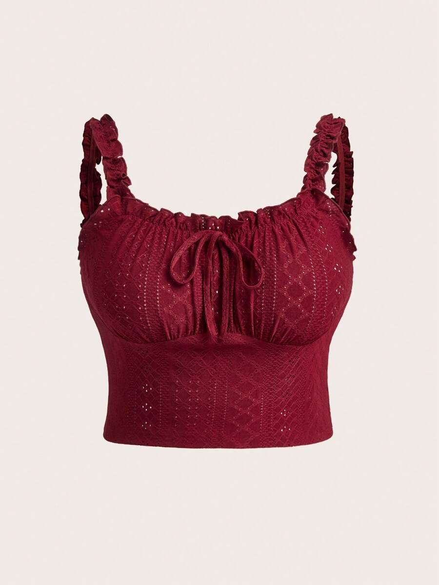 SHEIN EZwear Áo hai dây cỡ lớn màu đỏ rượu vang lãng mạn, chất liệu voan mỏng, có bèo nhún ở gấu, thời trang và đa năng, phù hợp cho kỳ nghỉ xuân/hè. - Màu Đỏ Sâu - Xem 1