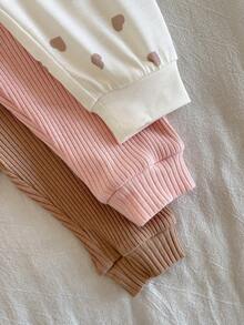 Loomiva Newborn Baby 6pcs Set, Heart Pattern Knitted Soft Round Neck Long Sleeve Romper & Elastic Waist Pants - Pink - View 7