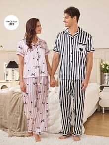 Men's Black & White Striped Heart Print Satin Lapel Short Sleeve Pajama Set - Multicolor - View 7