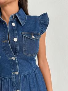 EURMUSE 女士翻领单排扣褶裥休闲度假约会牛仔连衣裙 - 中等水洗藍 - 查看 5
