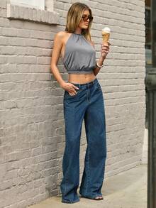 Hauture Top de punto con cuello halter y detalle de cierre a presión para mujer - Gris - Ver 3