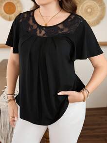 Lacomfia Women's Lace Patchwork Ruffle Sleeve Versatile Comfortable Plus Size T-Shirt - Black - View 4
