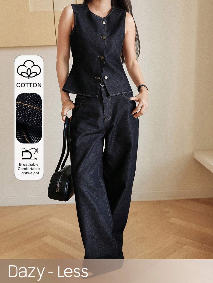 Dazy-Less Bộ đồ denim nữ phong cách xuân/hè, dáng rộng thoải mái, kiểu dáng nghỉ dưỡng, áo vest không tay màu xanh dương và quần ống rộng thẳng, sang trọng kiểu cổ điển. Phong cách công sở thường ngày. - Màu xanh lam - Xem 1