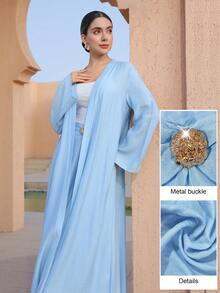 Graceveil Women's Elegant 2-Piece Set: Solid Color Casual Long Sleeve Cardigan & Metal Button Decorated Flared Skirt - Blue - View 4