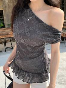 DAZY Women's Floral Asymmetric Shoulder Ruffle Hem Fashion T-Shirt - Grey - View 7