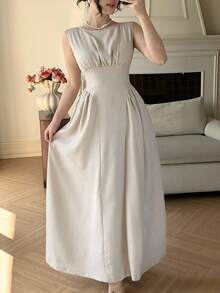 DAZY Women's Elegant Solid Color Waist Cinched Sleeveless Dress Summer Maxi Dress Sundress - Khaki - View 6