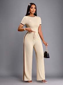 SOLERSUN Women's Summer Casual Multi-Contrast Color Crew Neck Top And Trousers Set Daily Casual Fall Clothes For Women Casual Women Outfits - Khaki - View 6