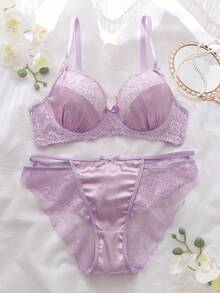 DelicateAllure Lavender Butterfly Jacquard Lace Patchwork Satin Bow Decor Sexy Hollow Multi-Strap Lingerie Set - Mauve Purple - View 1