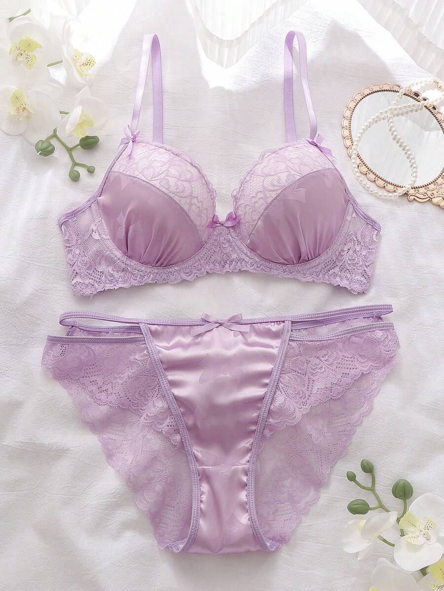 DelicateAllure Lavender Butterfly Jacquard Lace Patchwork Satin Bow Decor Sexy Hollow Multi-Strap Lingerie Set - Mauve Purple - View 1