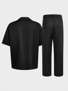 EASEVO Bộ áo sơ mi ngắn tay cài cúc phía trước và quần short nam cỡ lớn, kiểu dáng đơn giản, thích hợp cho mùa hè. - màu đen - Xem 13