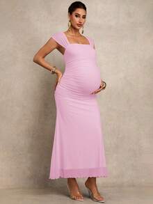MaterniChic Đầm bầu màu trơn cổ vuông ôm dáng thanh lịch dự tiệc - Màu Hồng baby - Xem 7