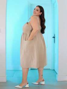 Pretty and Ole Robe simple de poche quotidienne unicolore pour femmes de grande taille - Kaki - Voir 4