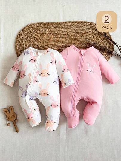 SHEIN 2pcs Baby Boys White & Gray Cute Elephant Print Long Sleeve Romper, Comfortable Outfit For Autumn/Winter Outings