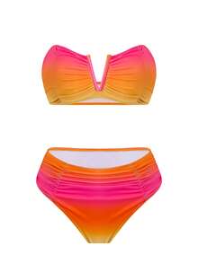 Swim Oasis 女款粉橘色抹胸泳衣套裝，附網紗長裙與純色泳褲，夏季休閒海灘度假穿搭套裝 - 彩色 - 查看 3