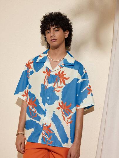 Felipe Marques Camisa holgada de manga corta con contraste floral para hombre, informal para vacaciones, fiestas, playa, primavera/otoño