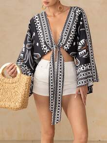 Swim Oasis Women's All-Over Print Knotted Casual Vacation Kimono Cover Up - Black - View 6