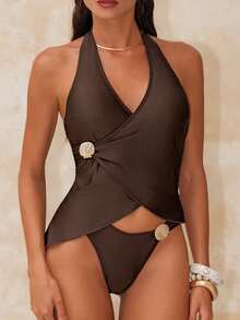 Swim Chiccia Bộ bikini hai mảnh màu cà phê mới năm 2026 dành cho nữ, cổ chữ V sâu, thắt nơ chéo, trang trí vỏ sò kim loại, gồm áo và quần bơi nữ. - màu nâu - Xem 3