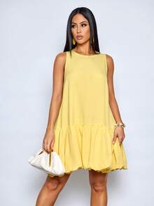 SOLERSUN Women's Elegant Scoop Neck Chic Ruffled Hem Summer Party Outfit Puffball Mini Dress - Yellow - View 4