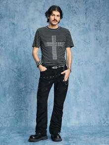 ROMWE MEN Street Life Camiseta de manga corta ajustada con rayas y remaches para hombres - Blanco y Negro - Ver 7