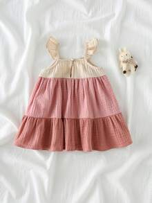 Loomiva Newborn Baby Girl Contrast Color Round Neck Ruffle Waist Dress, Versatile & Comfortable,Kids - Multicolor - View 2