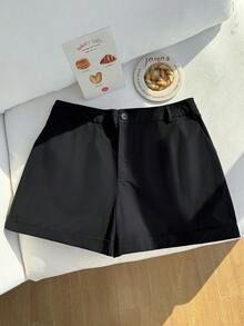 SHEIN EZwear Short décontracté unicolore avec poches, adapté pour le printemps et l'été, grande taille - Noir - Voir 4