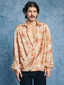 ROMWE MEN Street Life Men's Tie-Dye Print Wrap Collar Shirt - Brown - View 4