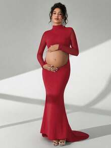 Cheriluna Maternity 孕妇摄影礼服，长袖立领，腰部镂空，露背，鱼尾下摆，及地长裙 - 紅色 - 查看 3