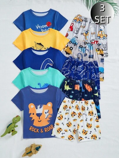 6 PACKS Young Boy Pajamas, Multi-Color, 5 Sets Of Floral Patterns, 3 Sets Of Blind Box Random Styles, Includes Cartoon Crayon, Fun Wrist Dragon, Triangular Dragon Playing Together, Various Dinosaurs Racing In The Jungle, Cars And Trucks Driving In The City, Light Blue Short Sleeve Top With Printed Cranes And Bulldozers, Comfortable Loose Fit Crew Neck Shorts Set, Suitable For Casual Wear, Cute Summer