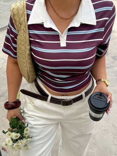 Dazy Plus 大码夏季休闲条纹短袖修身T恤